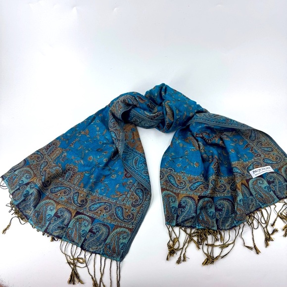 Pashmina Blue and Brown Paisley Silk Blend Scarf with Fringe Approx 24”/72” - Picture 1 of 9